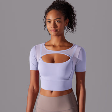 Sexy Double-layer Stitching Mesh Short-sleeved Gather Running Fitness Top