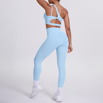 Slant Shoulder Beauty Back Yoga Bra Fitness Pocket Trousers Set