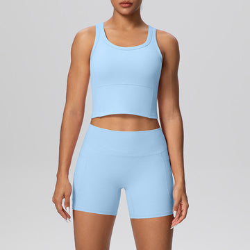 Skin-friendly Back with Chest Pad Vest, Pocket Yoga Shorts 2 Pcs Set