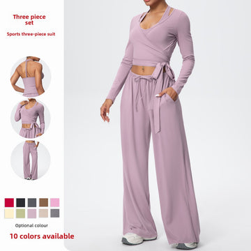 Quick-drying Beauty Back One-piece Strap Long-sleeved Hammer Yoga Trousers Three-piece Set