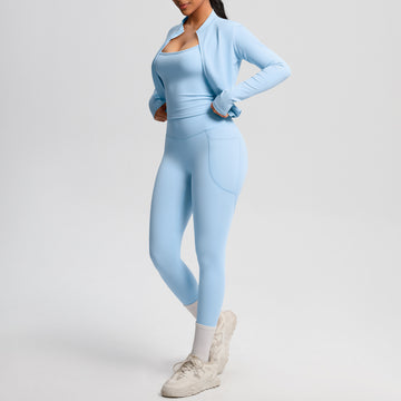 High Waist Nude Sling Vest Sports Zipper Long Sleeve Jacket Pocket Yoga Pants Fitness Set