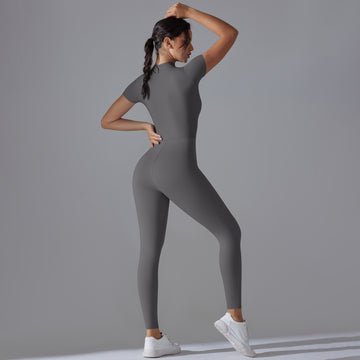Sexy Tight Yoga Jumpsuit Open Neck Zipper Short Sleeve Onesie