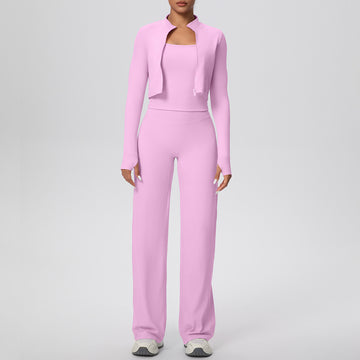 Naked Skin-friendly and Breathable Zipper Long-sleeved Jacket Loose Straight Pants Fitness Clothes Yoga Three-piece Set