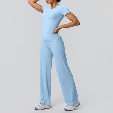 Naked Skin-friendly Sports Elastic Short-sleeved T-shirt High Waist Straight Pants Yoga Set