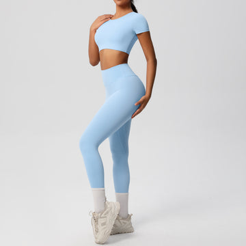 Naked Hip-lifting Fitness Pants with Chest Pads, Short-sleeved Outdoor Sports Yoga Set