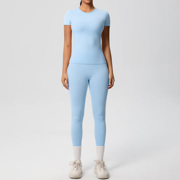 Naked Skin-friendly Sports Elastic Short Sleeve T-Shirt High Waist Fitness Yoga Set