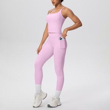 Skin-friendly I-line Beautiful Back Sports Tank with Pockets Leggings 2pcs Set