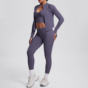Seamless Knitted Zipper Long-sleeved Jacket Outdoor Sports Fitness Yoga Wear Three-piece Set