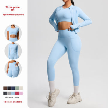 Naked Sports Zipper Long-sleeved Jacket Pocket Fitness Clothes Yoga Three-piece Set