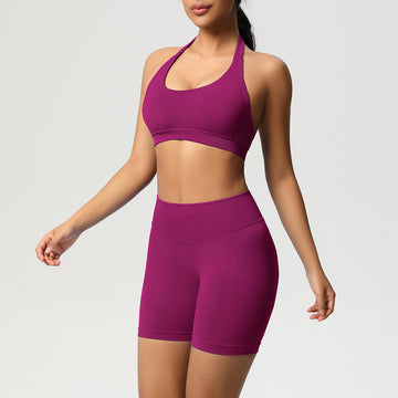 Seamless Knitted High Waist Peach Hip Yoga Shorts Neck Bra Fitness Set