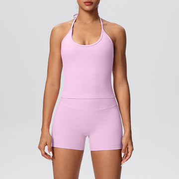 Skin-friendly Nude Tether Sling Beauty Back Yoga Vest Fitness Shorts Plus Set