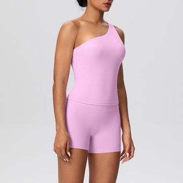 Skin-friendly Nude Slanted Shoulder Strap Beautiful Back Sports Vest Yoga Shorts Fitness Set