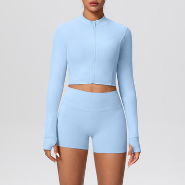 Skin-friendly High Waist Nude Thumb Hole Zipper Long Sleeve Jacket Shorts Yoga Set