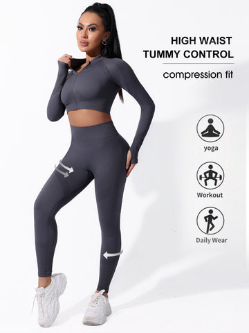 Seamless New Zipper Stand-up Collar Yoga Fitness Set S183/S185