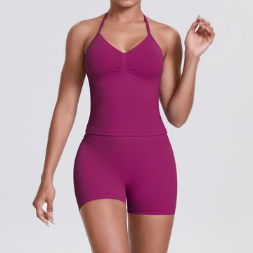 Seamless High Waist Peach Hip Sports Sling Neck Bra Fitness Yoga Set