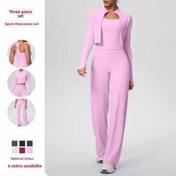 Naked Skin-friendly and Breathable Zipper Long-sleeved Jacket Loose Straight Pants Fitness Clothes Yoga Three-piece Set