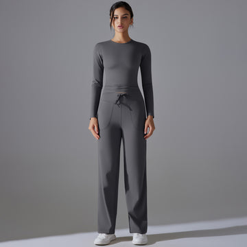 Naked Skin-friendly Long-sleeved Yoga Clothes Pocket Sports Wide-leg Pants Set