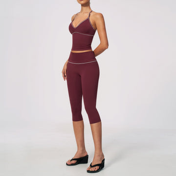 New High-waisted Peach Hip-lifting Five-point Pants Contrasting Color Beautiful Back Gathering Sports Vest Fitness Set 9615