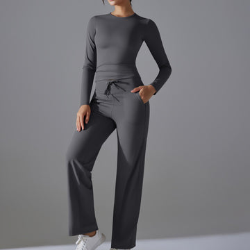 Naked Skin-friendly Long-sleeved Yoga Clothes Pocket Sports Wide-leg Pants Set