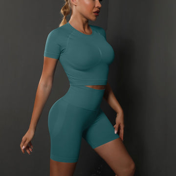 Seamless Peach Buttocks High Elastic Yoga Short Sleeve Set