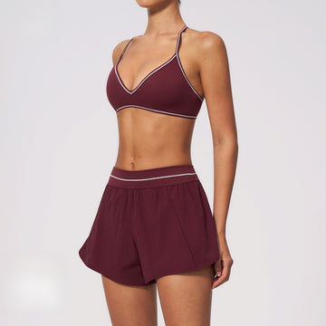 New Color Ribbon Chest Pad V-neck Back Bra High Waist Shorts Gym Wear Set 9615
