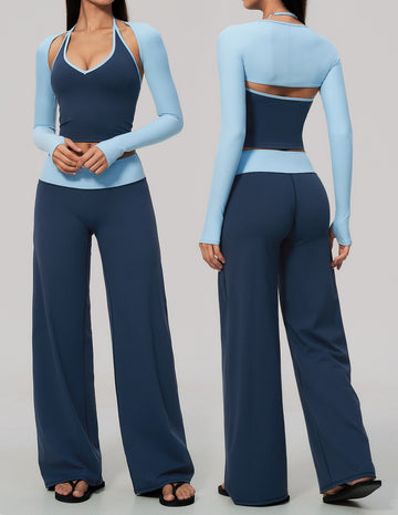 New Sports V-neck Contrasting Color Long-sleeved Blouse Yoga Three-piece Set 9639