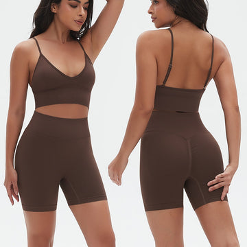 Seamless Sexy Back Sports Bra High Waist Belly Hip Lift Shorts Fitness Set