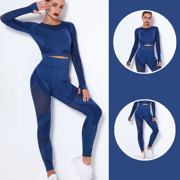 Seamless Mesh Hole Quick-drying Sports Yogawear Long-sleeved Set