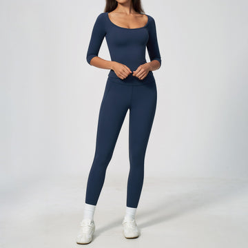 New Tight High Elastic Long-sleeved T-shirt High Waist Belly Leggings Sports Fitness Set 5575