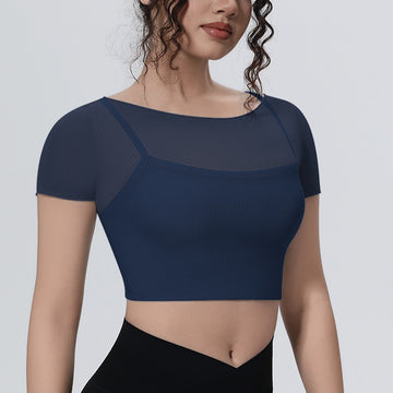 Mesh Fake Two-piece Sports T-shirt Short Sleeve Strap Chest Pad