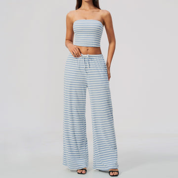 New Striped Casual Loose Wide Leg Pants Sports Fitness Set 4556
