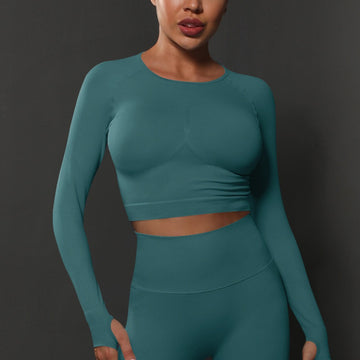 Seamless Knitted Moisture Wicking Skinny T-Shirt Fitness Long Sleeve Top