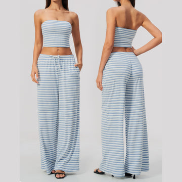 New Striped Casual Loose Wide Leg Pants Sports Fitness Set 4556