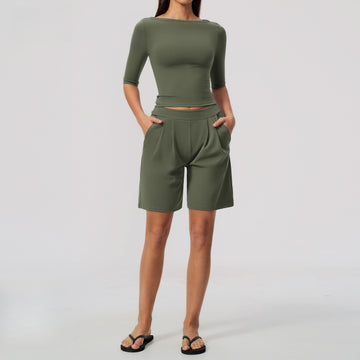 New Yoga Waist Five-quarter Sleeve Top Hip Lift Shorts Two-piece Set 8793