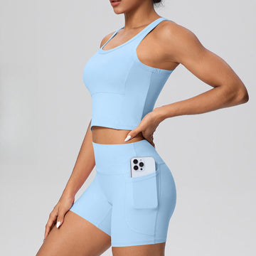 Skin-friendly Back with Chest Pad Vest, Pocket Yoga Shorts 2 Pcs Set