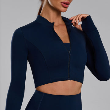 6639 Stand-up Collar Zipper Cardigan Long-sleeved Thumb Hole Sports Top